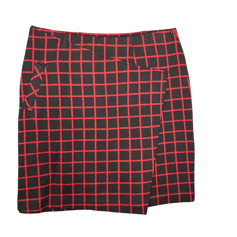 NEW J Jill Black Windowpane Plaid Faux Wrap Skirt Stretch Size L‎ Casual Pull on
